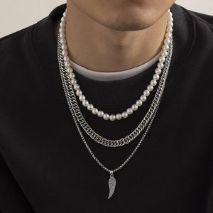 Hänghalsband Herrfjäderfjäder Multi Layer Pearl Necklace Vintage skiktad barock japansk hiphoptröja kedja