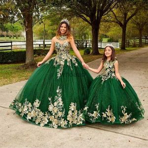 Dopasowane rodzinne stroje zielone koraliki quinceanera sukienka balowa złota aplikacje koronkowe gorset konkurs