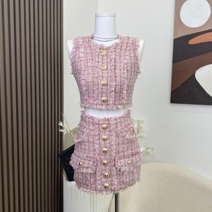 Vestidos de trabalho marca pequeno perfumado luxo tweed terno feminino botão ouro colete topo colheita borlas saia cintura alta feminino 2 peças conjunto