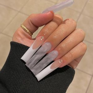 False Nails 24pcs indossabili con colla Long Ballerina Pink Press on French Cover Full Cover Coffin Fine punta Sinestone