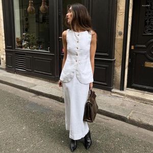 Work Dresses Summer White Linen Two Piece Set For Women 2023 Fashion Sleeveless Tank Top And High Waist Skirts Casual Elegant Outfits