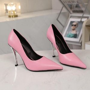 Dress Shoes Pink High Heels Pointed Toe Zapatos Mujer Metal Thin Heel Ladies Sexy Brand Design Women Pumps Genuine Leather Woman