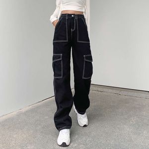 Frau Taschen Patchwork Baggy Jeans Mode Streetwear Baumwolle Frauen Denim Hosen Lose Cargo Hosen Koreanische Jeans Harajuku