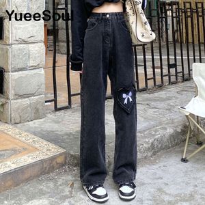 Bow Print Black Women Jeans High midja Löst raka byxor Ny Spring Hip Hop Y2K Söt söt kvinnlig jean streetwear