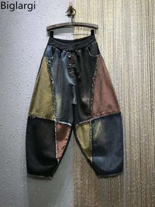 Breda ben harem byxor kvinnor hög midja retro jeans 2023 ny casual mode harajuku bomullsbyxor lapptäcke