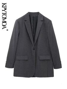 Wool Blends Kpytomoa Kobiety moda przednia przycisk Pinstripe Blazer płaszcz Vintage Long Rleeve Pockets żeńska odzież wierzchnia ekii femmes 230927