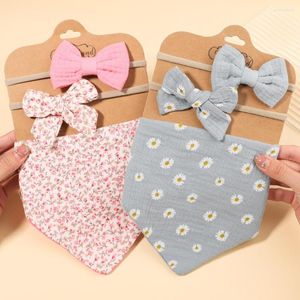 Hair Accessories 3Pcs Baby Bib Bow Headband Set Cute Muslin Cotton Adjustable Button Triangle Saliva Towel Print Infant Girl Feeding Burp