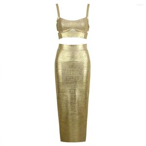 Two Piece Dress Sexy 2-Piece Bandage Skirt Set Women'S Gold Cut Top And Summer Women Bodybuilding Club Party 2023