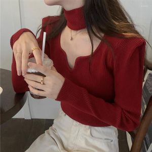 Women's Sweaters WDMSNA Shoulder Pad V-neck Hanging Neck Sweater Slim Knit 2023 Long Sleeve Pullover Womens Top Solid Color Jumpers