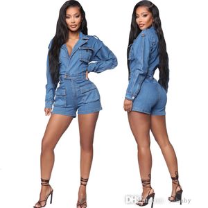 Fashion Fall Denim Jumpsuits For Women Bodysuit Solid Color Lapel Neck Long Sleeve Jeans Cardigan And Shorts With Belt Rompers Jumpsuit Outfits