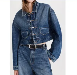 2023 New Kha ite Deep Blue Short sleeved Denim Jacket Denim Coat Women