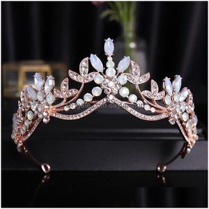 Hår smycken barock lyxiga rosa kristallpärlor lämnar brud tiaras kronor tävling diadem brud pannband tillbehör 220831 drop del dhnb3