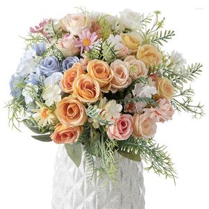 Decorative Flowers Artificial Multicolor Tea Roses Bridal Bouquet Vases For Home Party Decor DIY Wedding Silk Daisy Fake Plants