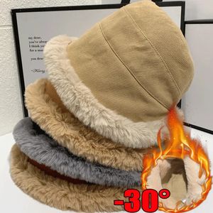 Wide Brim Hats Bucket Winter Plus Velvet Lamb Hair Female Hat Street Shooting Soft Plush Woman Warm Fisherman Panama Cap Vintage Fleece 230928