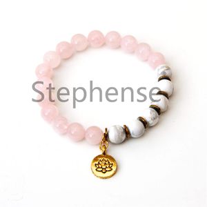 MG0657 Nuovo design di arrivo Quarzo rosa Bracciale di loto Bracciale yoga di howlite bianco naturale Bracciale Mala di equilibrio di alta qualità271u