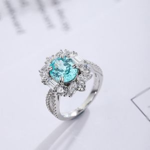 Anéis de cluster Pirmiana 4.23ct Lab Grown Paraiba Sapphire Ring S925 Silver Engagement Women