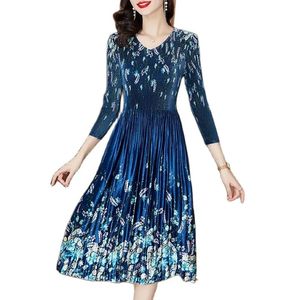 Blaues elegantes grafisches Midi-Samtkleid 2023 Damen Designer V-Ausschnitt Slim A-Linie Geburtstagsfeierkleider Plus Size Langarm Herbst Winter Bürodame Plisseekleider