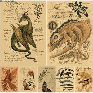 Paintings Natural Study Dragon Tropical Basilisk Phoenix Dog Wolf Whale Print Poster Kraft Paper Vintage Home Room Decor Wall Painting 230928