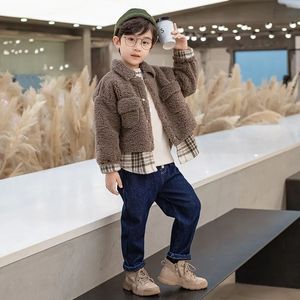 Coat 414YearOld Boy's Western Style Winter 2023 Casual Plaid Stitching Thickened Woolen Kids Coats 230928