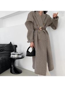 Женская полушерстяная куртка 2023, осень-зима, длинная шерстяная куртка с воротником, двубортная классическая черная свободная женская куртка на шнуровке 230928