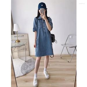 Vestidos de festa vintage denim vestido mulheres polo lapela ferramentas bolso solto camisa reta saia moda feminina meados de comprimento jean 2023