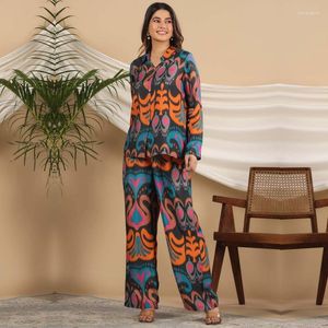 エスニック服女性のためのアフリカンセット2ピースセットフラワープリント長袖ブラウストップとパンツスーツシースマッチングファッション衣装
