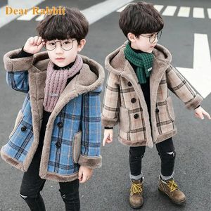 Mantel Kinder Kleidung Wollmäntel für Boy Herbst Winter Winter warme karierte Jacken Langer Kleidung mit Kapuze Fleece Dicke Oberbekleidung Kinder Overtoel 230928