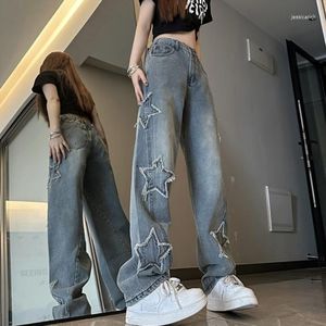 Jeans da donna 2023 pantaloni coreani larghi con patch a stella retrò a vita alta pantaloni stile street dritti