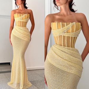 Seksi Altın Denizkızı Prom Elbiseler Kemik Koruma Straplez Pullu Sapıklar Gece Elbise Pleats Resmi Uzun Özel Günlük Parti Elbise