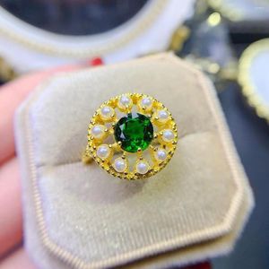 Klusterringar naturlig diopsidring med stenpärl 925 Sterling Silver Green Gem Ladies Jewelry Gift