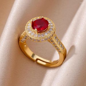 Wedding Rings Red Zircon Round Stone For Women Stainless Steel Adjustable Ring 2023 Trending Jewelry Anillos