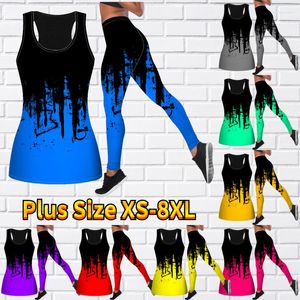 Женские леггинсы, модный комплект для йоги, черная майка с крапчатым принтом и облегающая спортивная одежда XS-8XL