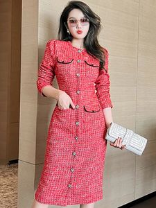 Mulheres misturas de lã outono inverno mulheres midi jaqueta elegante vermelho tweed oneck manga longa único breasted casaco fino escritório trabalho festa senhoras vestir 230928