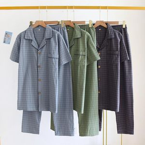 Mäns Sleepwear 2023 Spring Summer Men Casual Plaid Pyjama Ställer in manlig bomullsdräkt Kort ärm Turn-Down Collar Shirt Pants