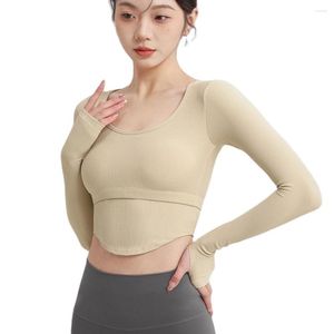 Aktiva skjortor Gym sportkläder kvinna träningskläder lång ärm med bröstkudde yoga topp sportblus för kvinnlig