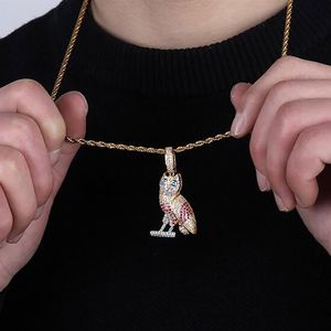 Collana con ciondolo animale OVODRAKE OWL con diamanti ghiacciati 14K, con micro pavé di zirconi cubici, diamanti simulati, corda da 24 pollici Cha248j