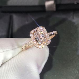 Cluster Rings 10K Au417 Rose Gold Women Ring Moissanite Diamonds Rectangle Round Emerald Elegant Party Engagement Anniversary Trendy