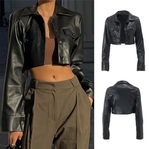 Jaquetas de couro preto falso de couro feminino para mulheres pu botão para baixo vintage streetwear roupas casaco 230928