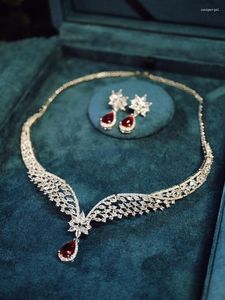 Necklace Earrings Set Shiny Red 2-piece Suit Bridal Wedding Dress Lady Niche Luxury Fashion Necklace/Earrings For Women