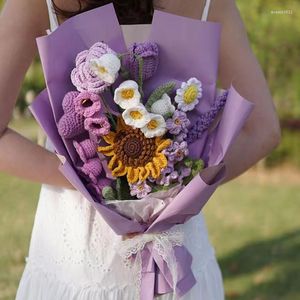 Decorative Flowers Handmade Sunflower Rose Lavender Bouquet Cotton Thread Crochet Making Eternal Flower Gift For Girlfriend Home Decoration