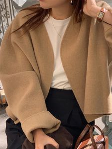 Women's Wool Blends Korean Version Normcore Short Woman Furry Cardigan Vneck Puff Sleeve Loose jacket Autumn Office Lady Solid Chic Female Outwear 230928