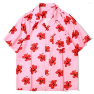 メンズカジュアルシャツヴィンテージピンクのフローラルシャツビーチウェアマンサマープリント半袖ラペルボタン服ハワイアン