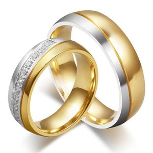 Nya CZ -par kristallringar för älskare 18k guldpläterad rostfritt stål bröllop män kvinnor fest klänning gåva smycken252h