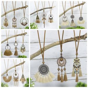 Necklace Earrings Set 3pcs Boho Vintage Cotton Tassel Ethnic Wooden Beads Round Flower Pendant Women Sweater Chain Jewelry