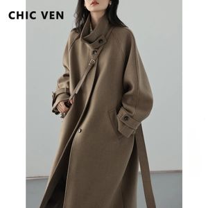 Women's Wool Blends CHIC VEN Long Trencn Coat Standing Belt Lace Up Woolen Raglan Sleeves Overcoat Office Lady Autumn Winter 2023 230928