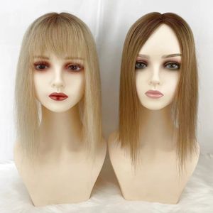 Lace s Brown Blonde Ombre Remy Human Hair Women Topper With Fringe 460 Two Tone Fine Pieces Overlay Air Bangs 14inch 4X55inch 230928