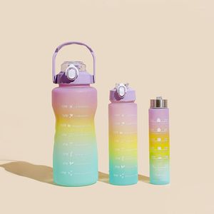 Water Bottles 3Pcs Set Sports Bottle Portable Gradient Color Plastic Cup Large Capacity Straw Outdoor Travel Gym Fitness Jugs