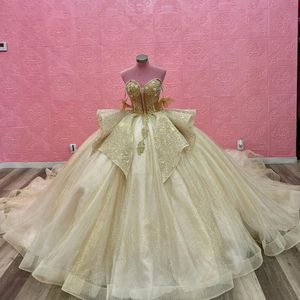 Champanhe brilhante tule quinceanera vestidos querida contas applique rendas vestido de baile doce dezesseis vestidos de 15