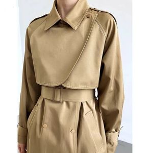 Mulheres de couro falso cáqui longo blusão casaco feminino 2023 estilo britânico de alta qualidade sólido duplo breasted rendas até drapeado polo vertical 230928