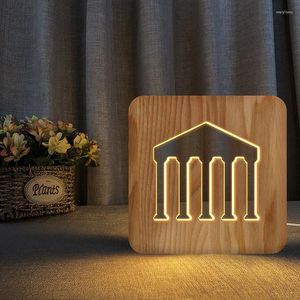 Night Lights Roman Temple Wood Light Pantheon Modelling Bedroom Lamp Baby Sleep Kids Gifts USB Powered Led Mood Decor